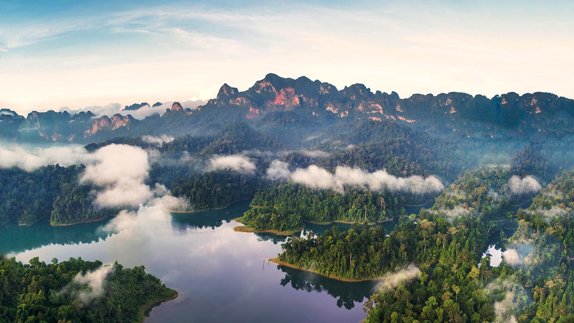 arial photo of Khao Sok national park and lake
