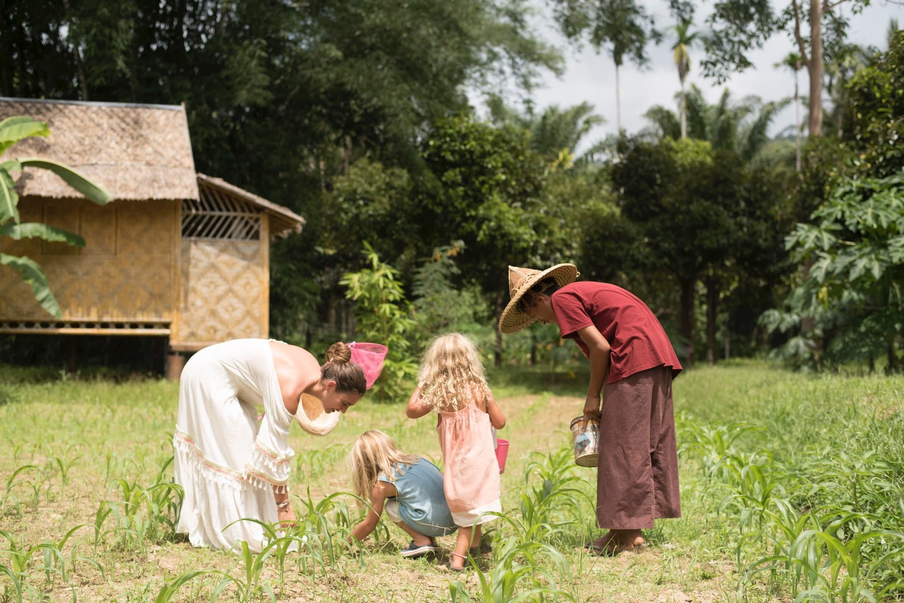 Family gardening with kids in the jungle